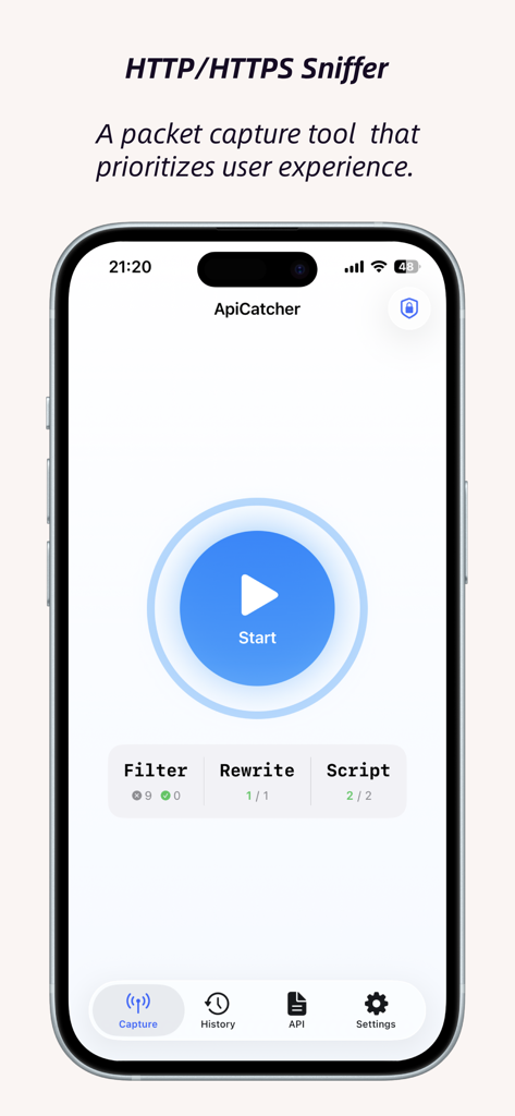 ApiCatcher - Capture HTTPS - ApiCatcher app main interface showing the start button for HTTP and HTTPS packet capturing