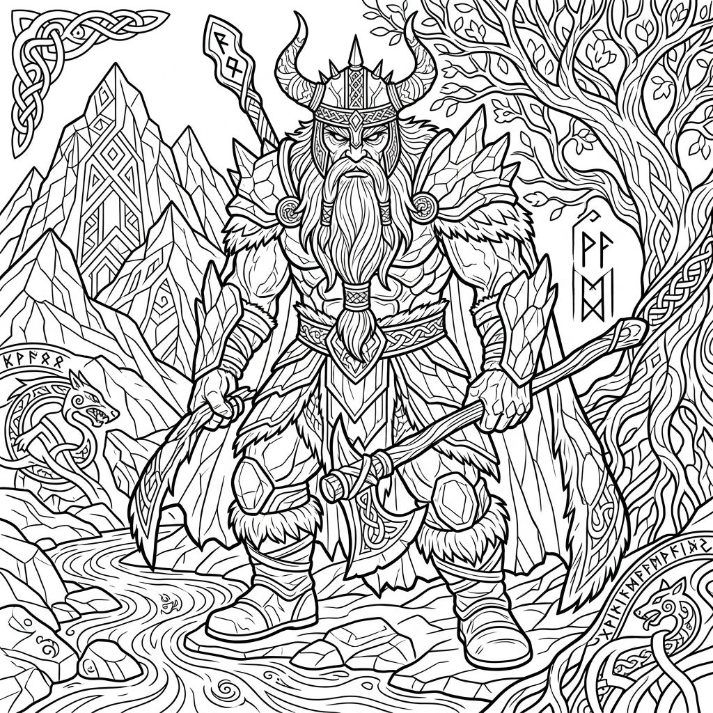 Mighty Norse Warrior: Epic Mythology Coloring Page