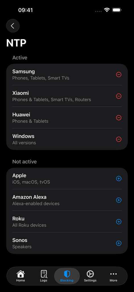NextDNS Remote - NextDNS Remote app interface displaying Native Tracking Protection settings for different device manufacturers like Samsung and Apple.