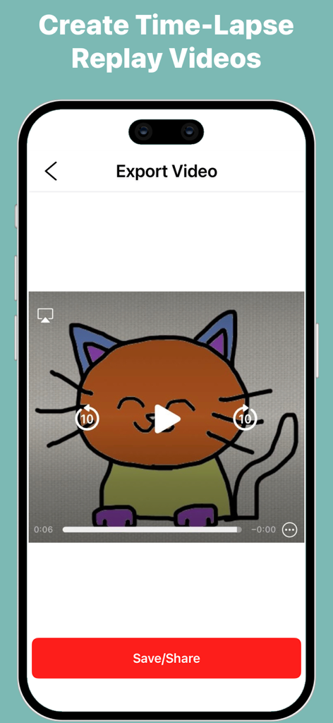 Trace and Sketch -Easy Drawing - A mobile interface for exporting a time-lapse replay video of a hand-drawn cat illustration.