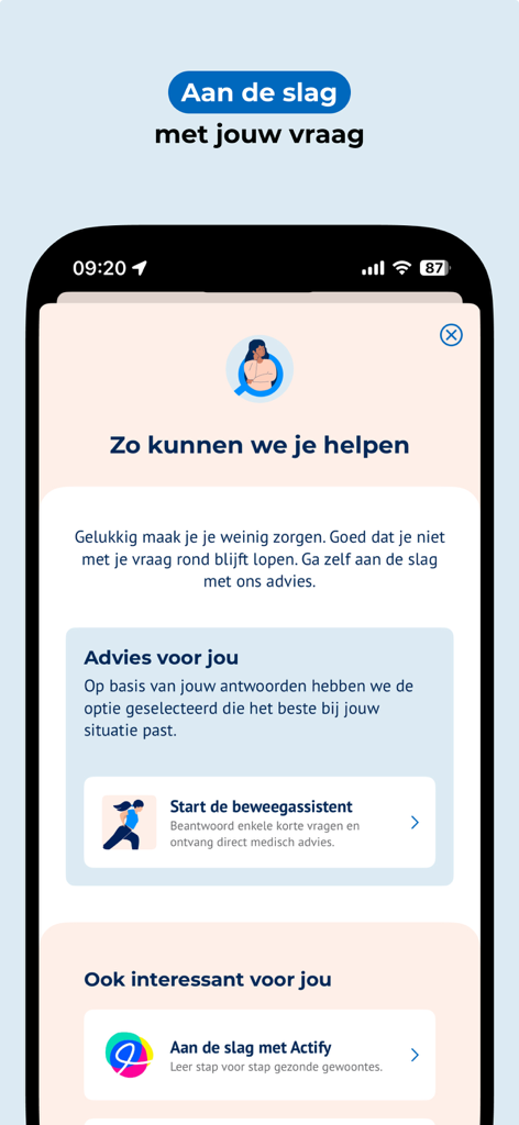 ZelfZorgWijzer - ZelfZorgWijzer app interface displaying personalized health recommendations and movement assistant exercises