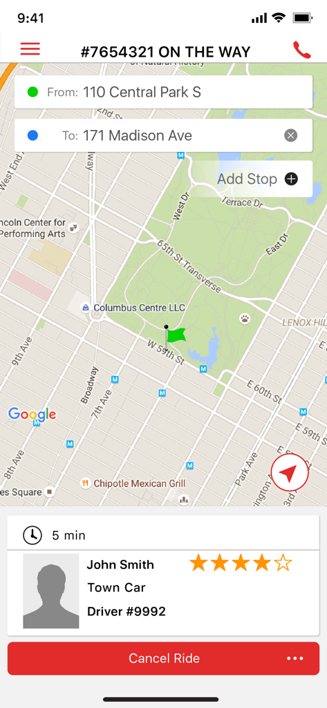 Rastreamento de viagem em tempo real no aplicativo Bee Bee Car Service mostrando a localização do motorista e a previsão de chegada (ETA).