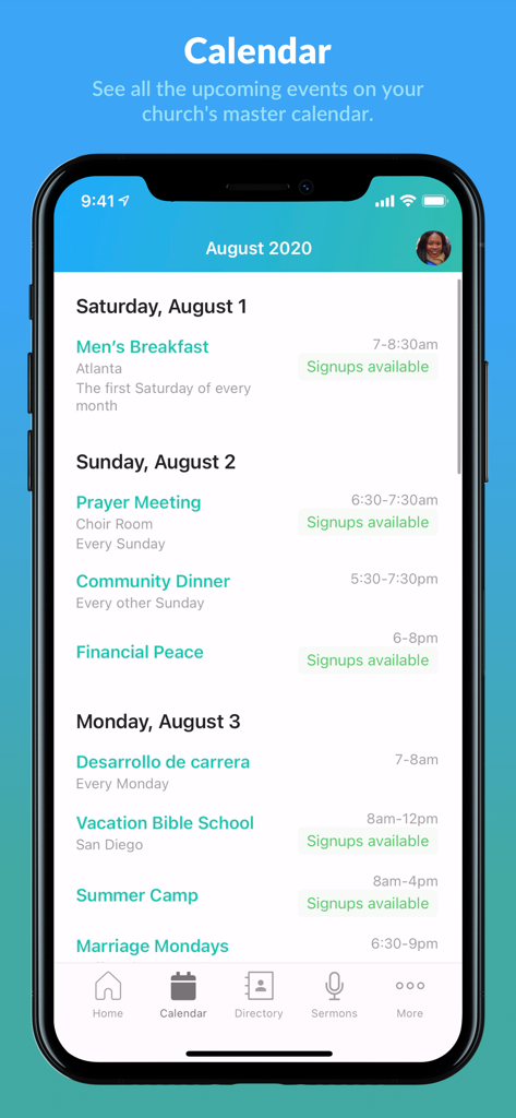 L'interface de calendrier de l'application Church Center montrant un horaire des événements de l'église comme les réunions de prière et les dîners communautaires.