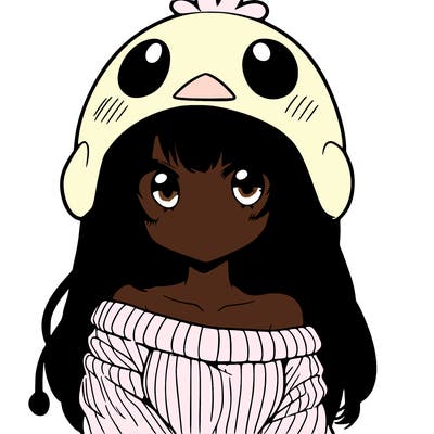 anime girl with chick shaped hat with sweater with bare shoulders with bangs covering them one eye with low tail