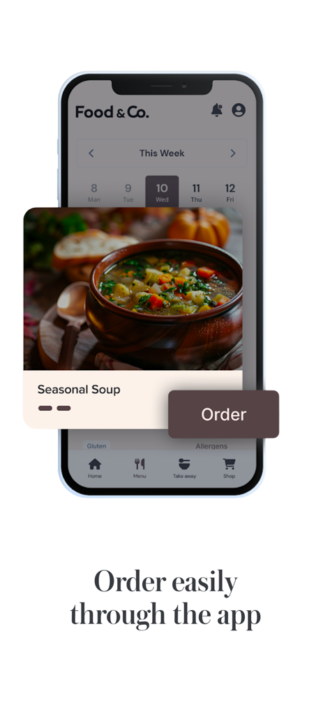 Serve by Food & Co. - La interfaz de la aplicación Serve by Food and Co que muestra sopa de temporada con un botón de pedido.