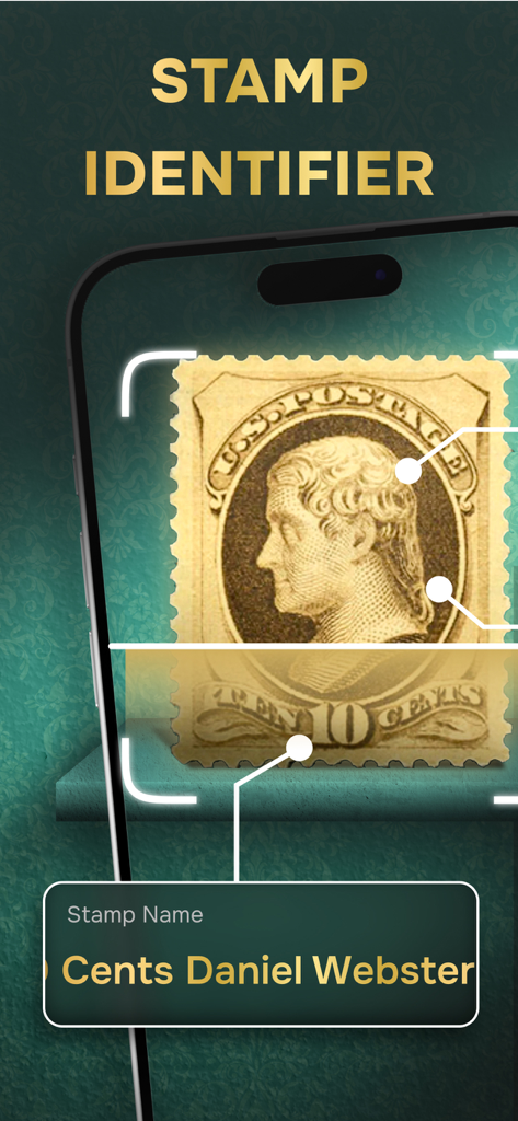 Stamp Value Stamp Identifier - Écran de smartphone affichant l'application Stamp Identifier en train de scanner un timbre-poste vintage de dix cents.