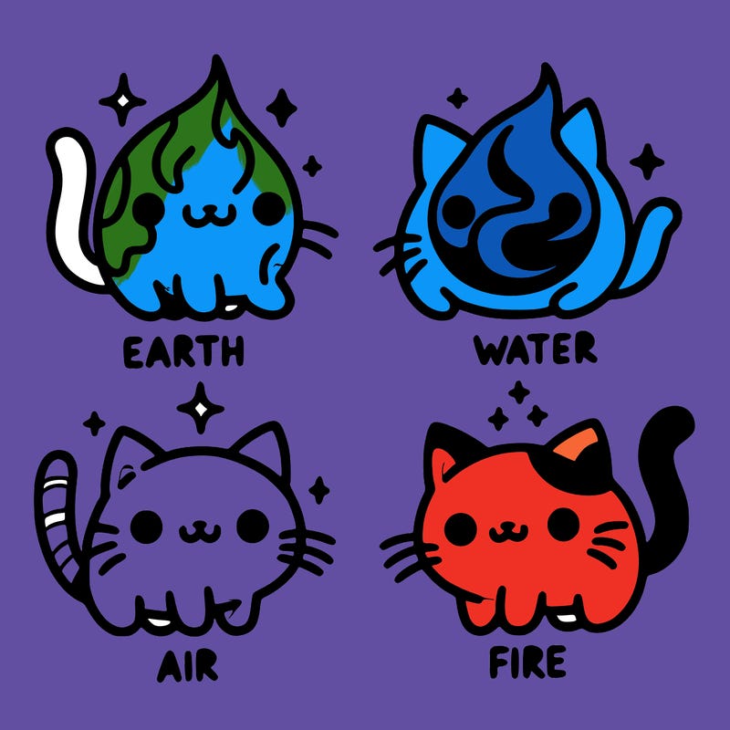 4 cats that represent the different elements, earth, water, air, and fire