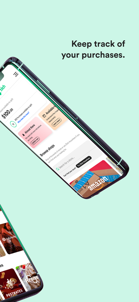 Zilch. Pay your way. - AmazonやKrogerなどの購入追跡と小売店閲覧オプションを表示するZilchアプリのモバイルインターフェース