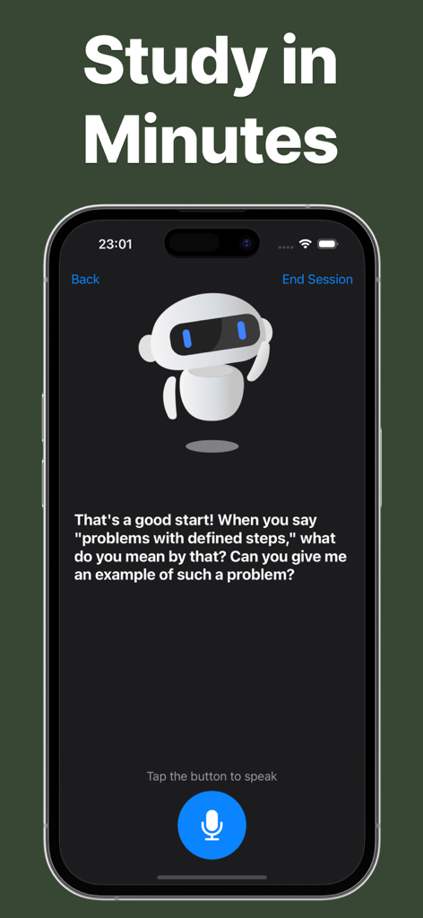 Feynman AI Study Notes Maker - Capture d'écran de l'application Feynman AI montrant un tuteur robot posant des questions de clarification à un étudiant pour le rappel actif.