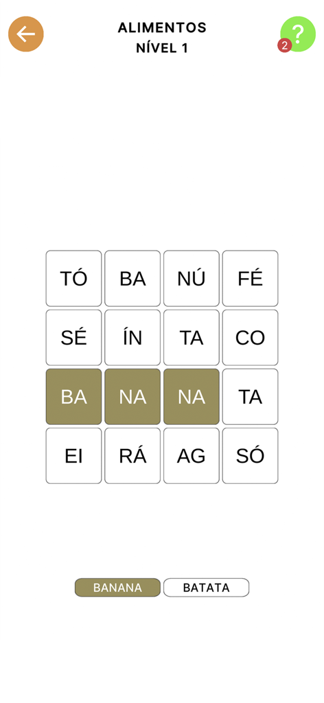 Caça-Palavras Silábico - Interface do jogo de caça-palavras silábico em português mostrando uma grade de sílabas com a palavra banana selecionada.