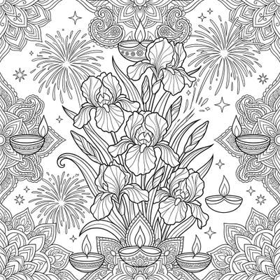 Immerse yourself in the festive spirit with this unique coloring page, blending the delicate beauty of pink irises with the vibrant celebrations of Diwali. Discover intricate designs of glowing diyas, dazzling fireworks, and traditional rangoli patterns, all waiting for your creative touch.