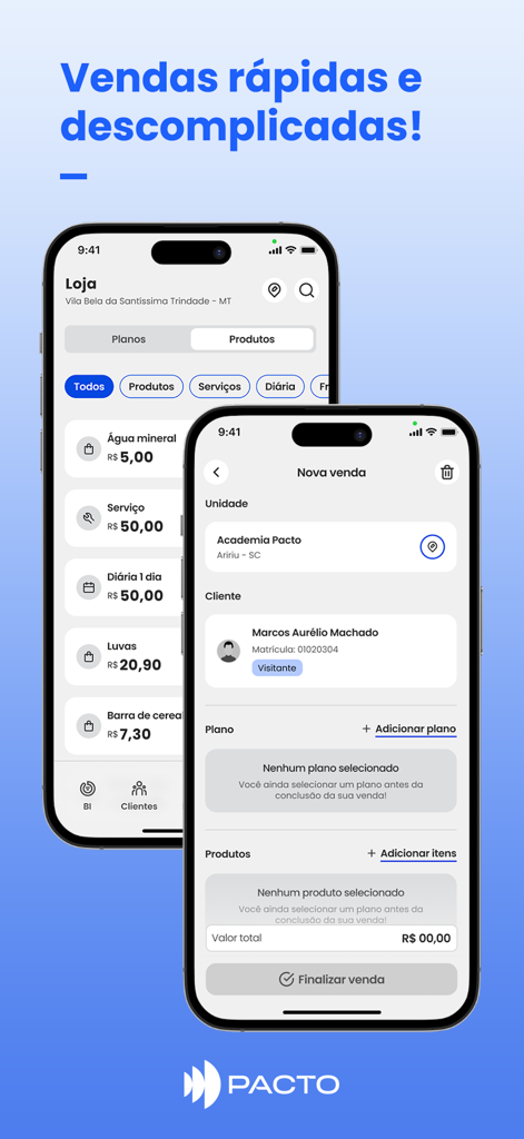 Pacto App - Pacto App mobile screens for gym sales management and checkout process