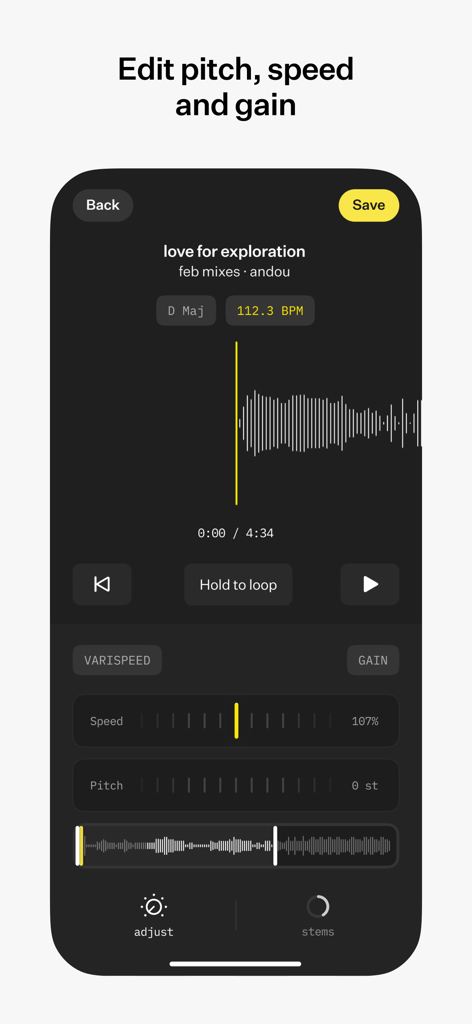 Interface of the [untitled] app showing tools to edit the pitch, speed, and gain of an audio track with a waveform view.