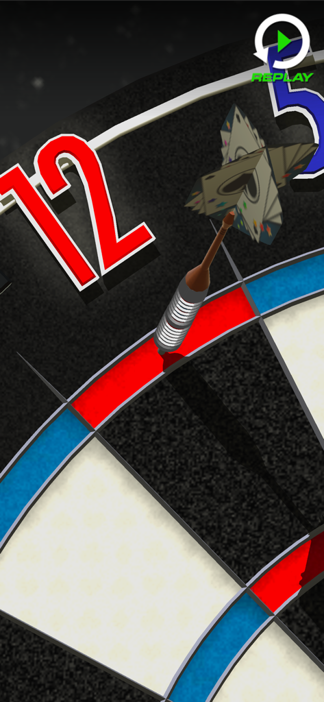 Close up view of a dart hitting a dartboard with a replay icon in the top corner.
