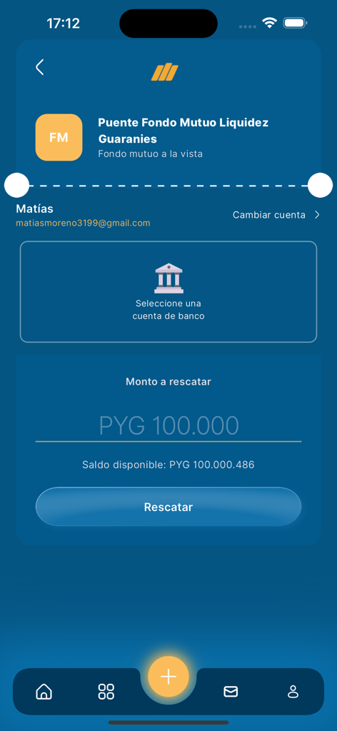 Capital Markets APP - Mobile app interface for redeeming funds from a mutual fund showing transaction details in Paraguayan Guarani