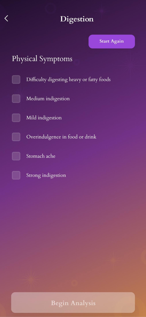 Tela de checklist de sintomas digestivos no aplicativo de bem-estar Ankaa para análise física