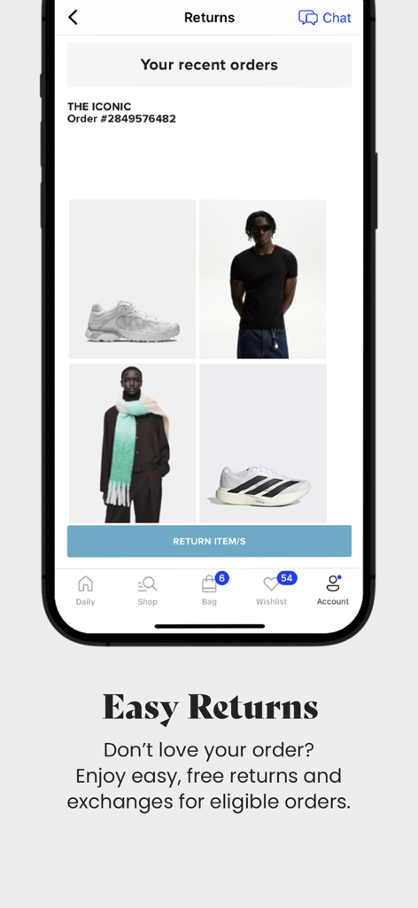 Uma interface de app móvel exibindo um processo de devolução de roupas e sapatos com um botão de devolução de itens.