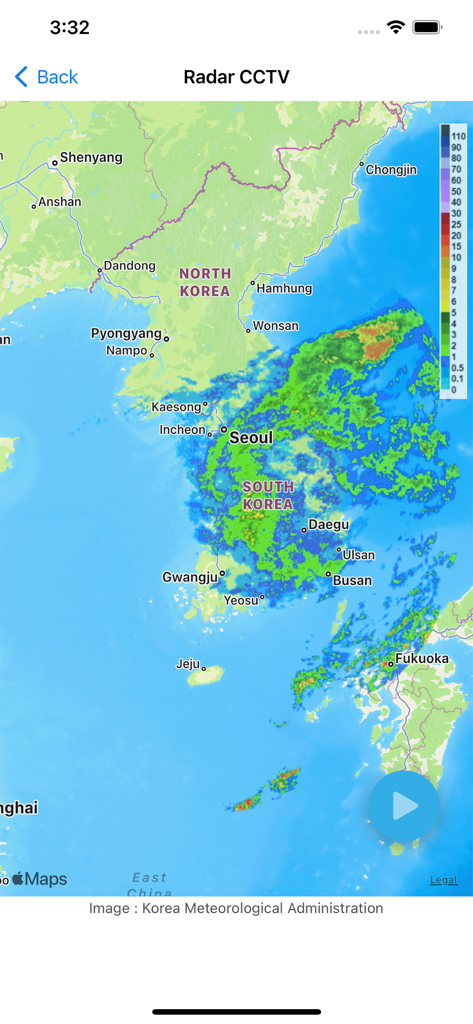 Echtzeit-Wetterradar-Karte der koreanischen Halbinsel mit Niederschlagsintensität.