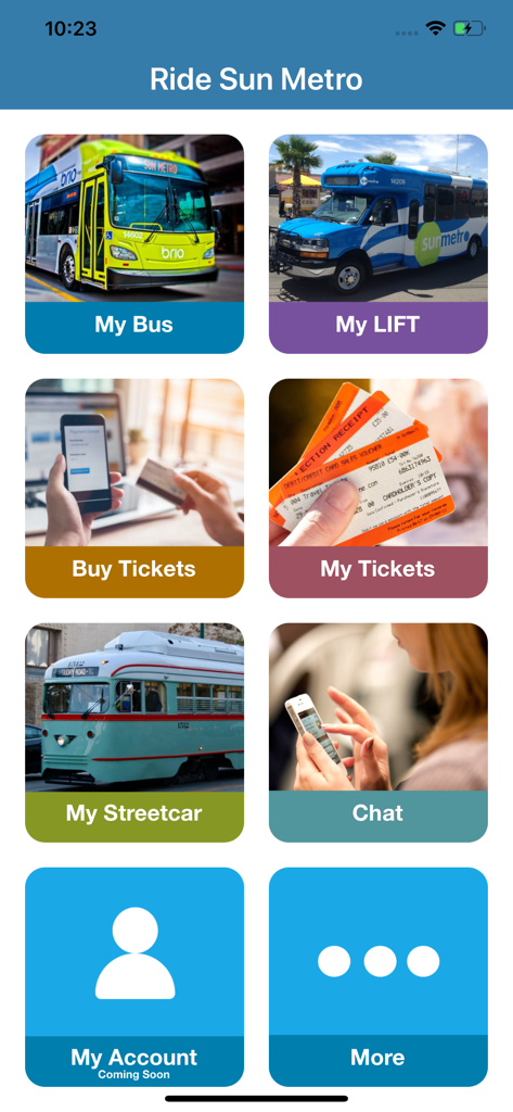 Ride Sun Metro - Home screen of the Ride Sun Metro app showing transit options and mobile ticketing