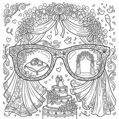 Dive into a uniquely romantic coloring experience with our Wedding Sunglasses design. This intricate page beautifully merges stylish eyewear with the joyful symbols of a wedding celebration, offering a captivating challenge for colorists.