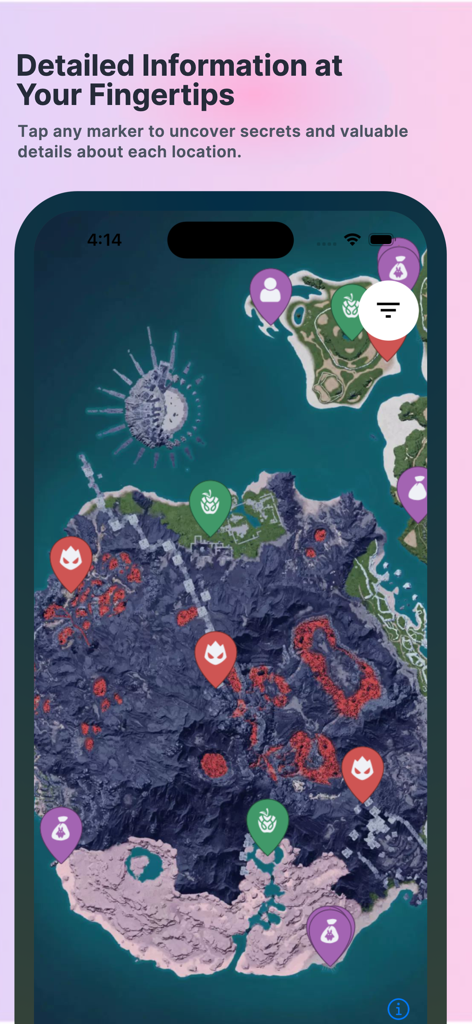 PalMap: Find and Explore Pals - Interactive map of Palworld in the PalMap app showing location markers for bosses and collectibles.