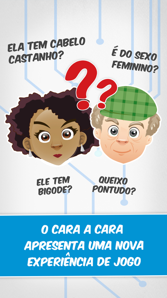 Cartoon characters and logic questions from the Cara a Cara board game companion app