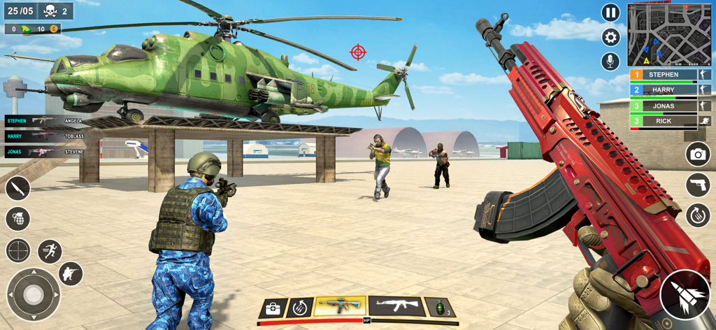 Anti Terrorist Shooting Game - Perspectiva en primera persona de un comando sosteniendo un rifle de asalto rojo en una misión de aeródromo con un helicóptero militar