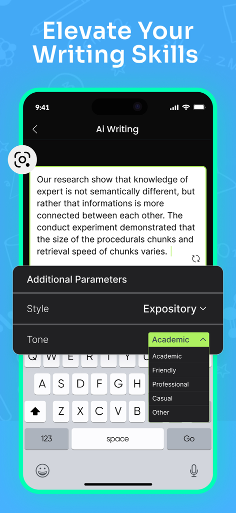 Math Solver:AI Homework Helper - Interface do assistente de escrita de IA mostrando opções para selecionar tom acadêmico e estilo expositivo para uma redação.