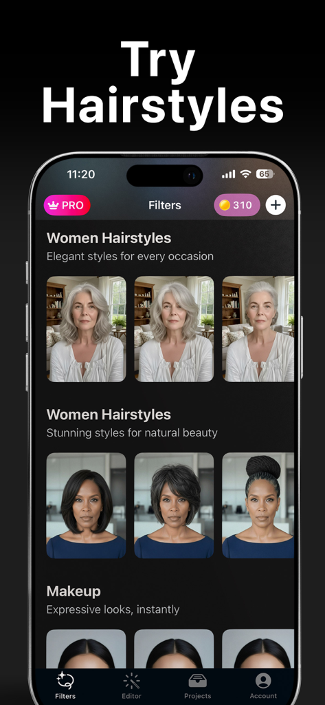 Mobile app interface for Glowy AI showing a selection of elegant and stunning hairstyles and makeup filters for women.