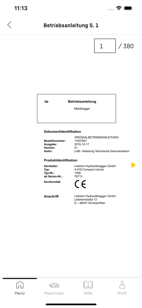 MyAssistant for Earthmoving - Manual de operación digital de una excavadora móvil Liebherr mostrado dentro de la app MyAssistant para Movimiento de Tierras