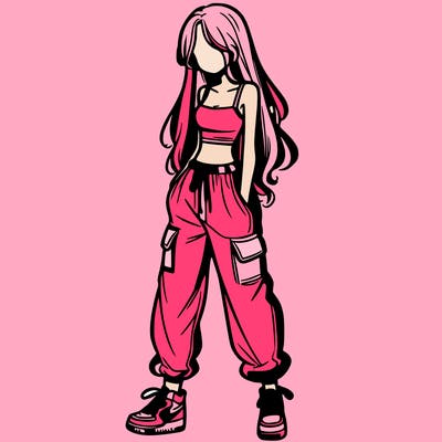 girl in baggy pants crop top and long hair