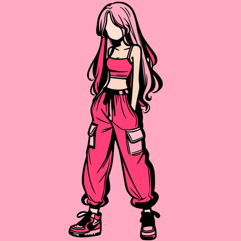 girl in baggy pants crop top and long hair
