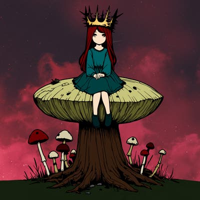 realistic girl sitting on a huge tree stump size toadstool with thorn crown