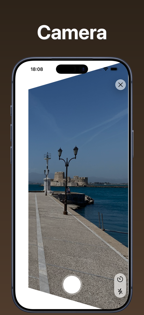 Photo Flipper - selfie mirror - Live camera interface in Photo Flipper app displaying a flipped landscape view