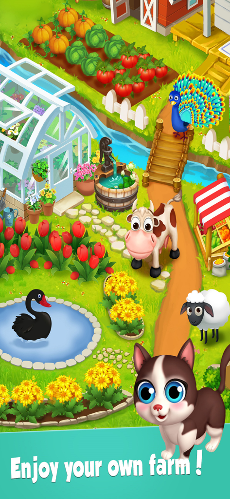 Coin Mania: Farm Dozer - A colorful cartoon farm scene with a greenhouse animals and a garden
