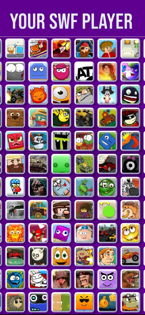 A grid display of classic flash game icons in the PocketFlash app interface