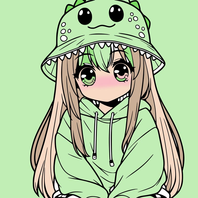 girl with anime shaped eyes with a dinosaur bucket hat oversized sweatshirt long straight hair