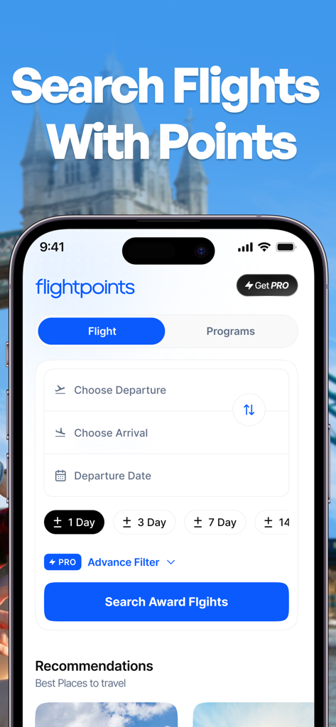 Flightpoints - Award Flights - Interface of the Flightpoints app showing the search screen for award flights using points and miles
