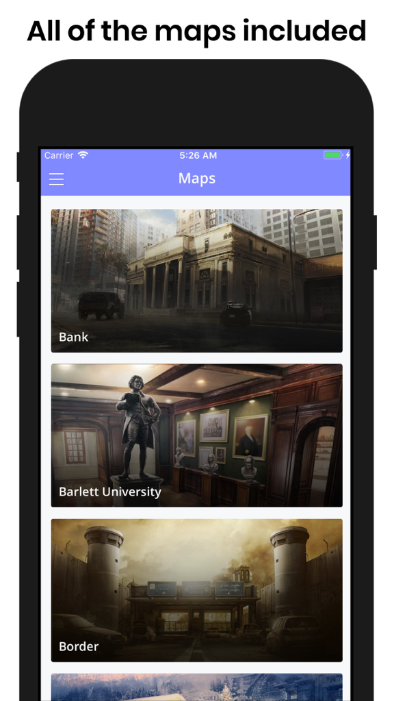 A list of game maps including Bank and Border in the R6 Stats and Maps Companion app.