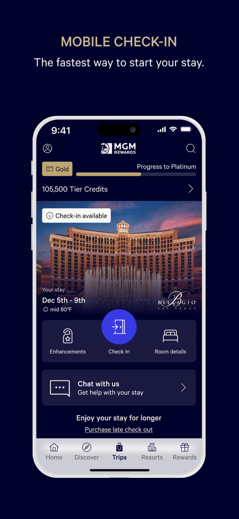 MGM Rewards - Capture d'écran de l'application MGM Rewards affichant l'enregistrement mobile pour le Bellagio Las Vegas