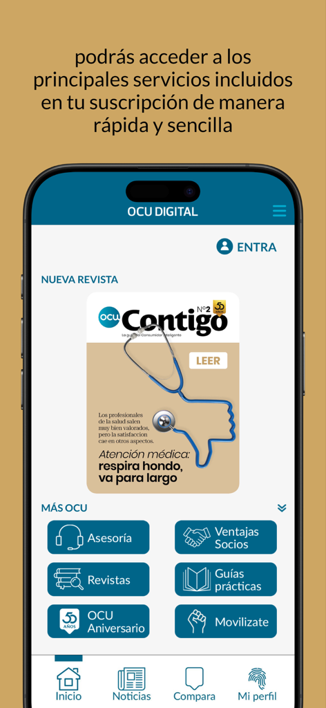 OCU Digital app home screen showing consumer magazine access and service shortcuts