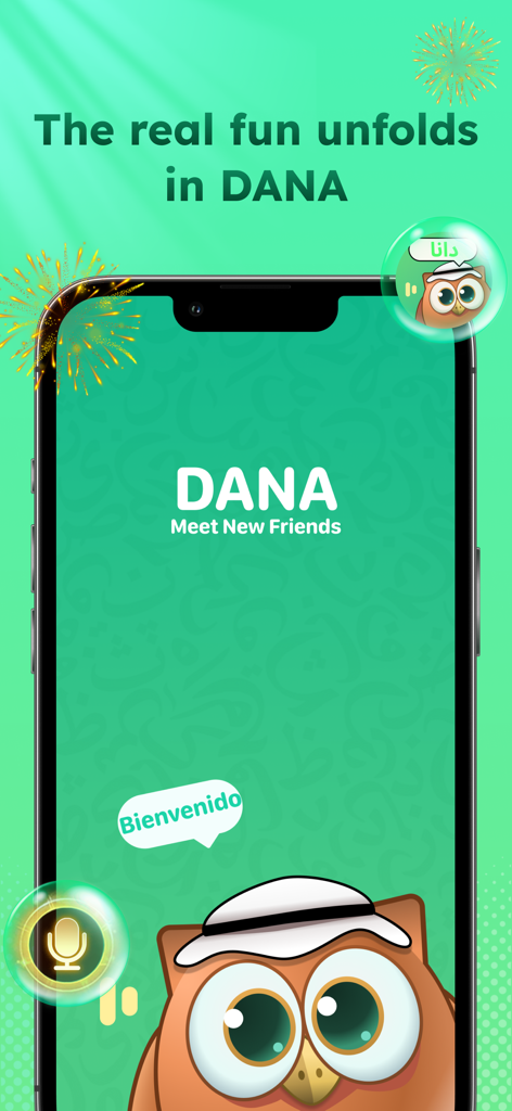 Schermata dell'app mobile Dana con una mascotte gufo e lo slogan incontra nuovi amici