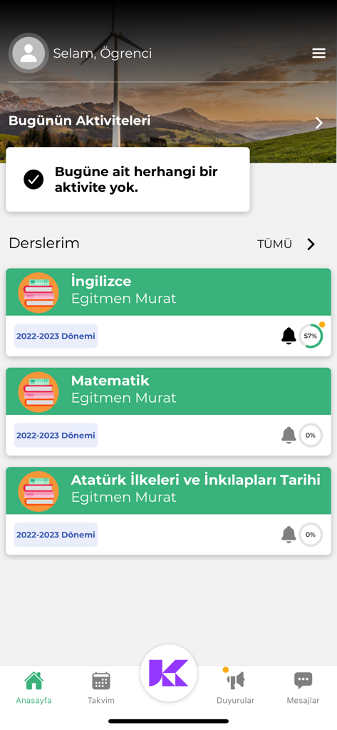 K365 - Student dashboard of the K365 app displaying course lists and academic progress