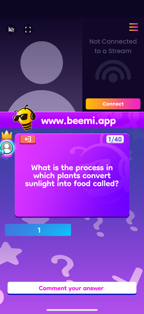 Beemi - Beemi mobile app screen displaying a trivia question for interactive live streaming on platforms like TikTok and Twitch