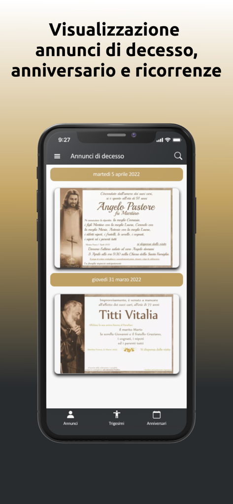 Solimano Funeral - Mobile screen of the Solimano Funeral app displaying digital death notices and funeral announcements