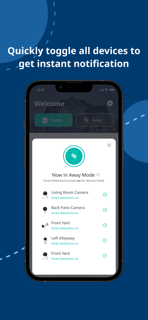 Kami Home app interface showing Away Mode activated for multiple security cameras