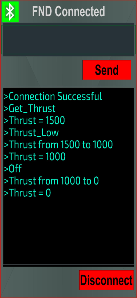 Arduino Bluetooth Pro serial monitor screen displaying thrust control logs