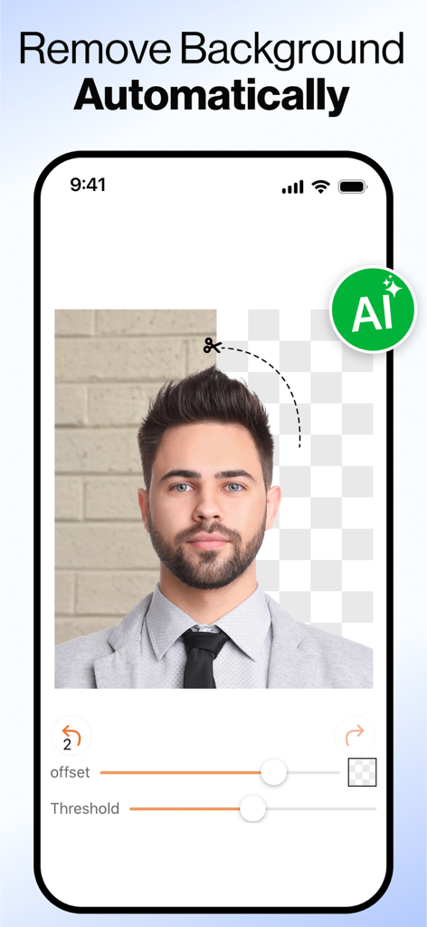 Interface do aplicativo de fotos de passaporte mostrando o recurso de remoção automática de fundo com IA