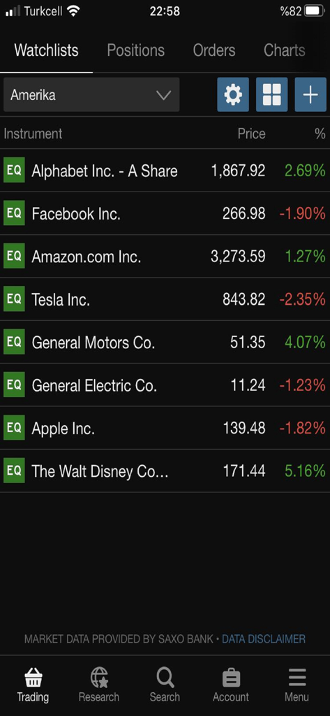 Tradebox - Interface de l'application d'investissement Tradebox montrant une liste de surveillance des actions des principales entreprises américaines avec les prix en temps réel et les variations en pourcentage.