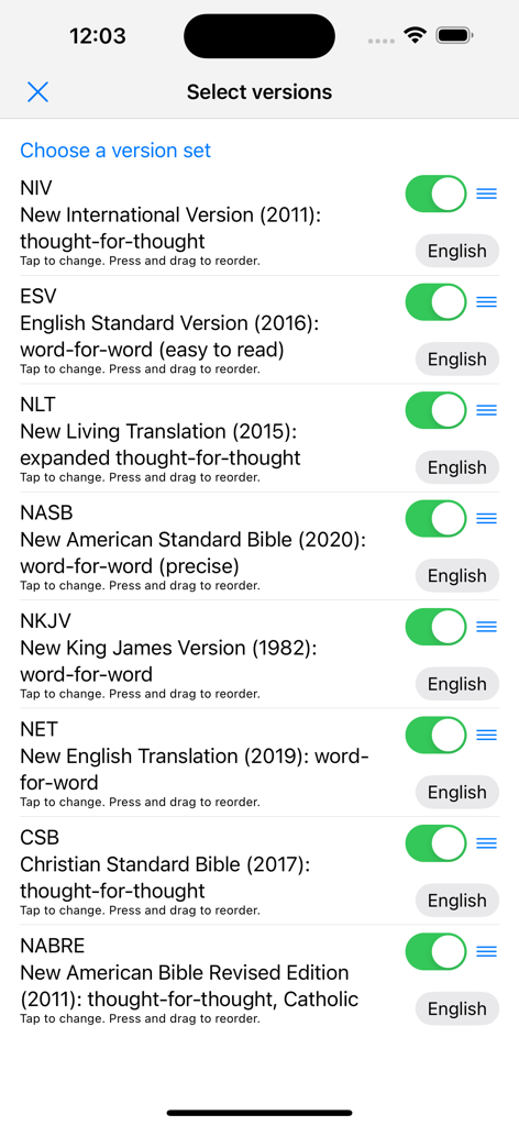 PARALLEL PLUS Bible-study app - Schermata per la selezione e l'attivazione di varie traduzioni bibliche inglesi come NIV ESV e NASB